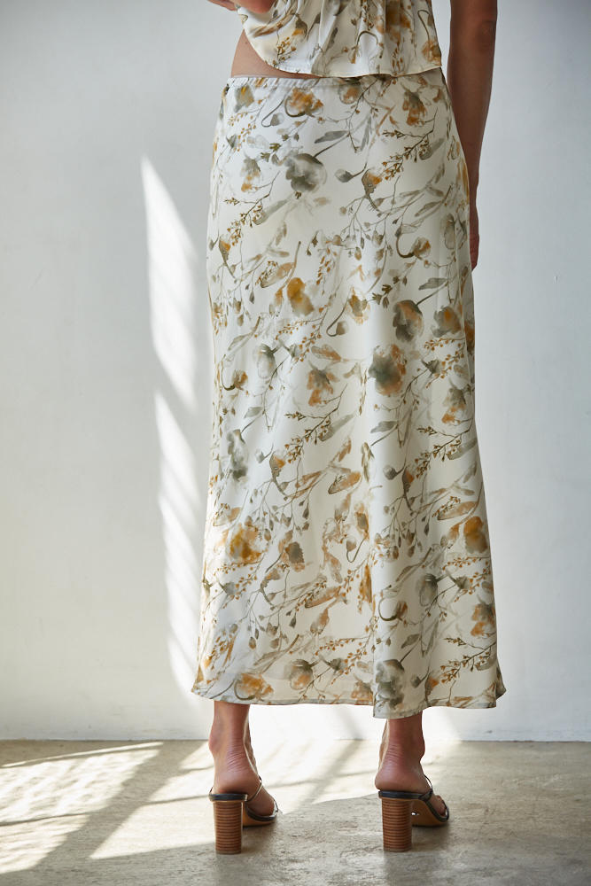 Cream Floral Print Satin Midi Skirt