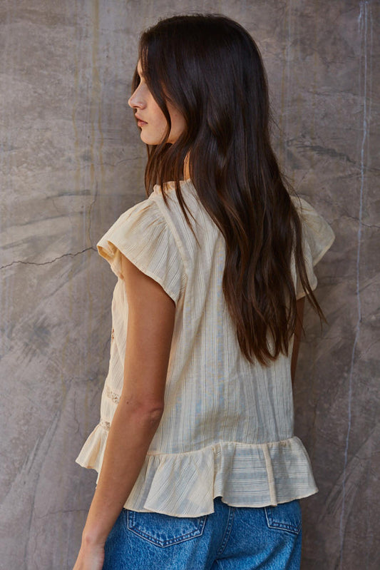 Natural Cotton Lace Trim Ruffle Button Top