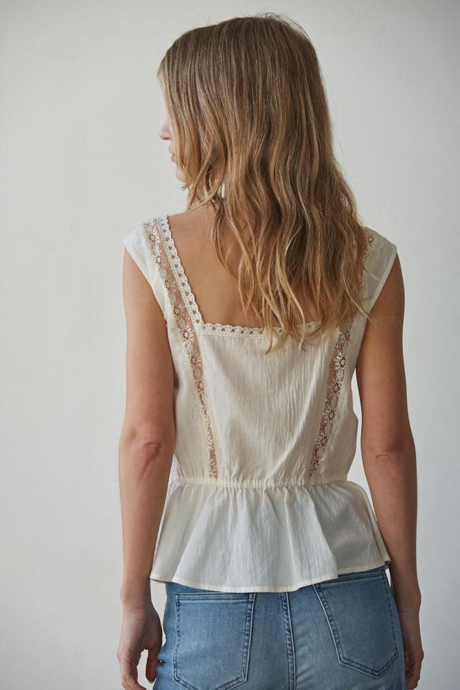 Ivory Cotton Lace Trim Peplum Top