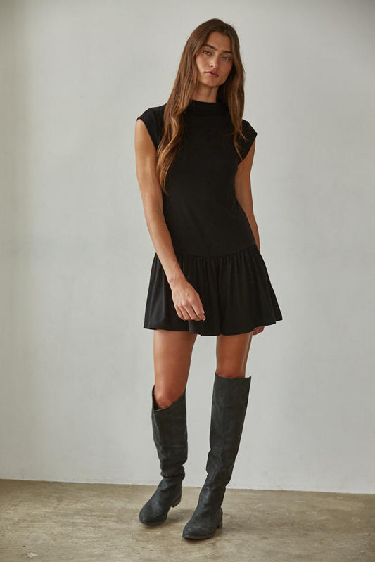 Black Mock Neck Drop Waist Knit Mini Dress
