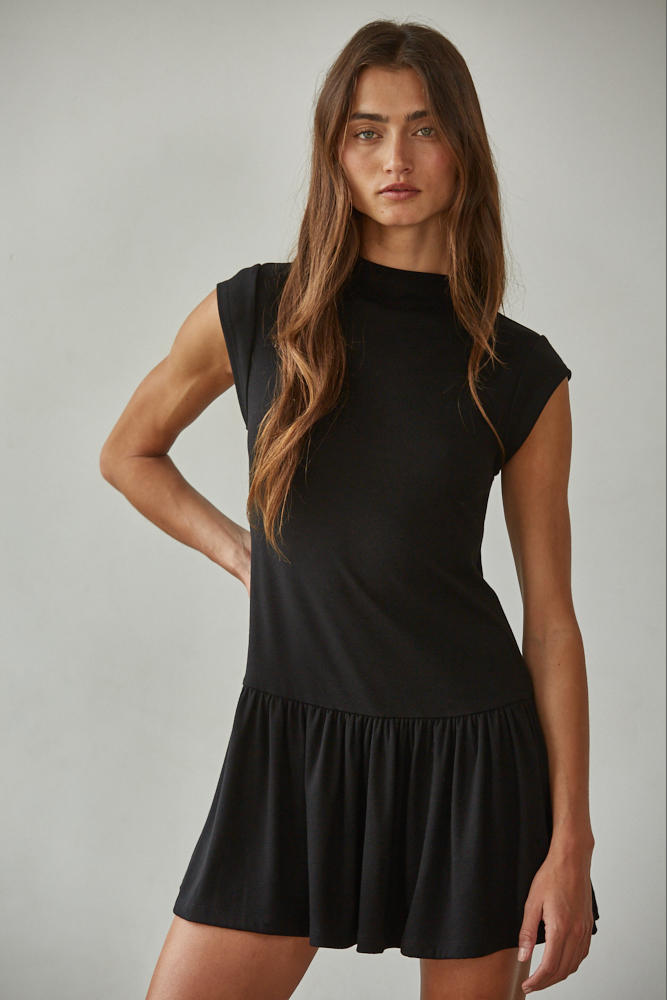 Black Mock Neck Drop Waist Knit Mini Dress