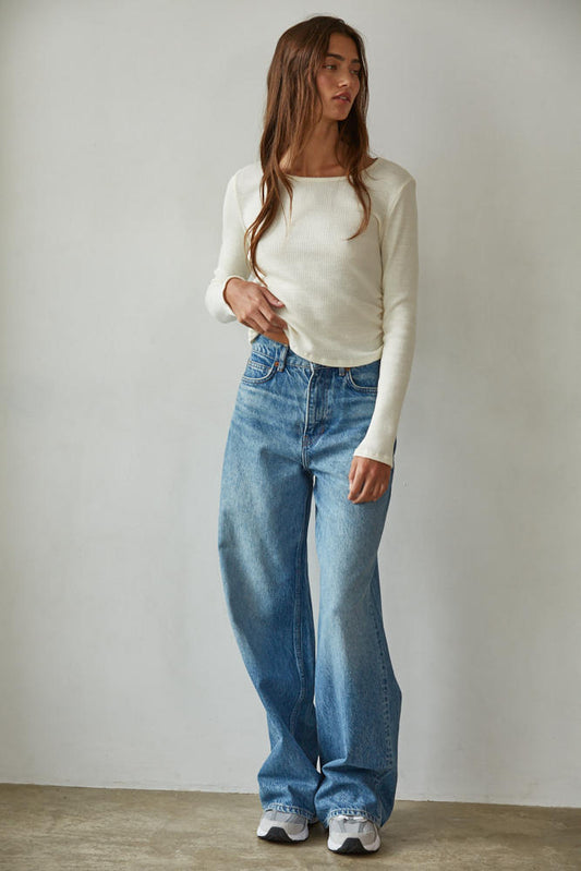 Cream Cotton Thermal Side Ruching Top