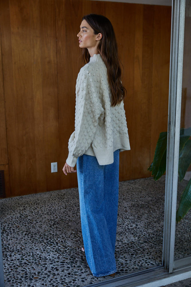 Ivory Popcorn Knit Mock Neck Pullover