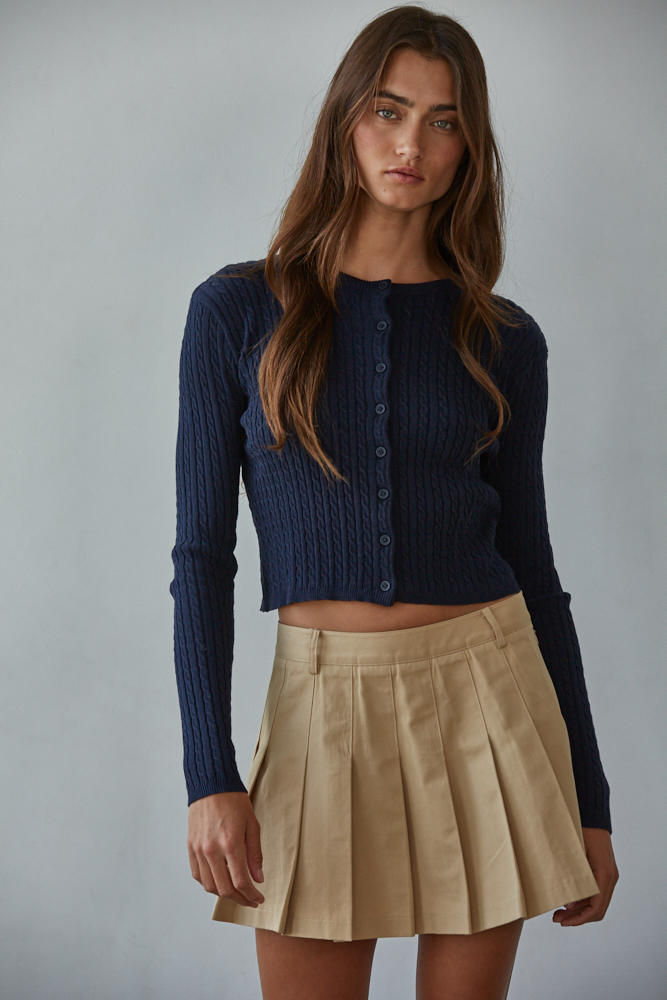 Navy Cable Knit Fitted Crew Neck Cardigan