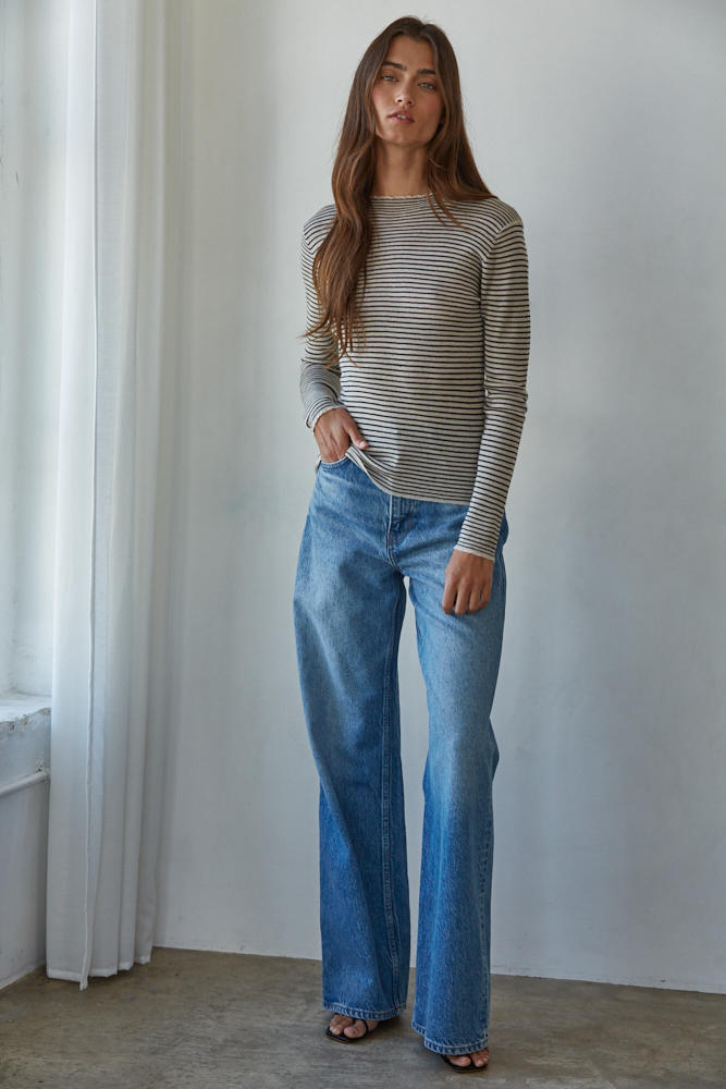 Striped Mock Neck Long Sleeve Sweater Knit Top