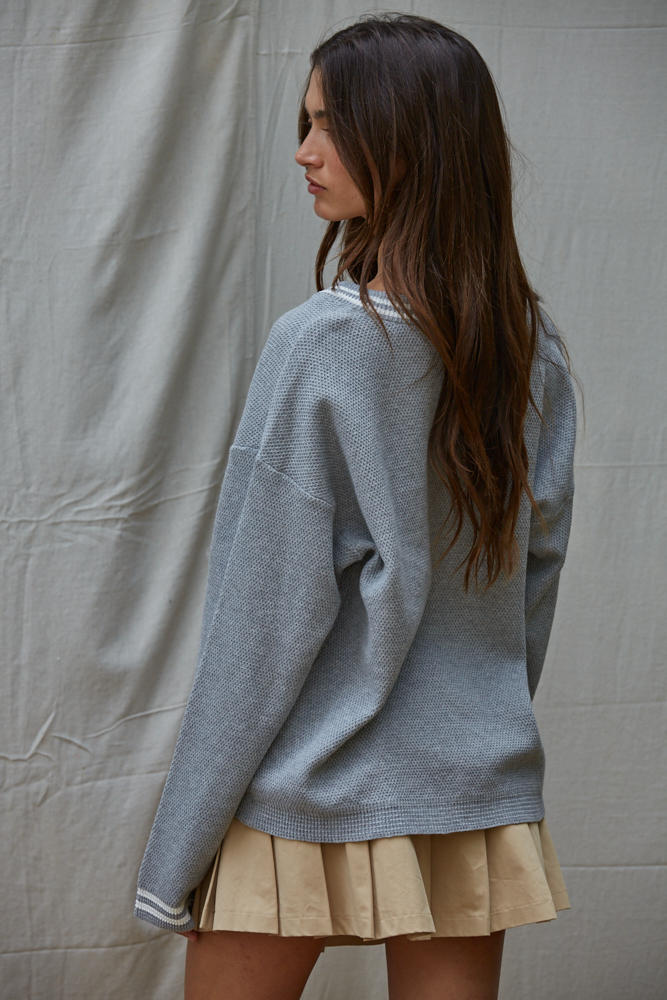 Gray Cotton V-Neck Ribbed Stripe Cardigan Sweater