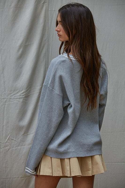 Gray Cotton V-Neck Ribbed Stripe Cardigan Sweater