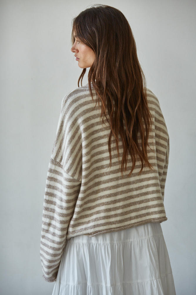 Striped Rolled Hem Drop Shoulder Knit Cardigan