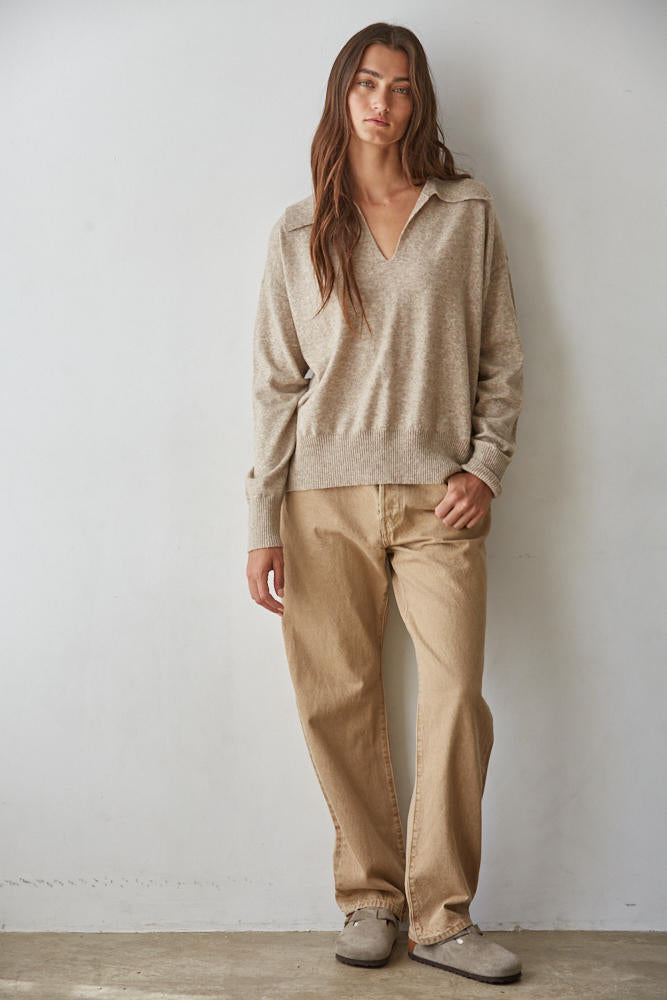 Beige Collared V-Neck Knit Pullover