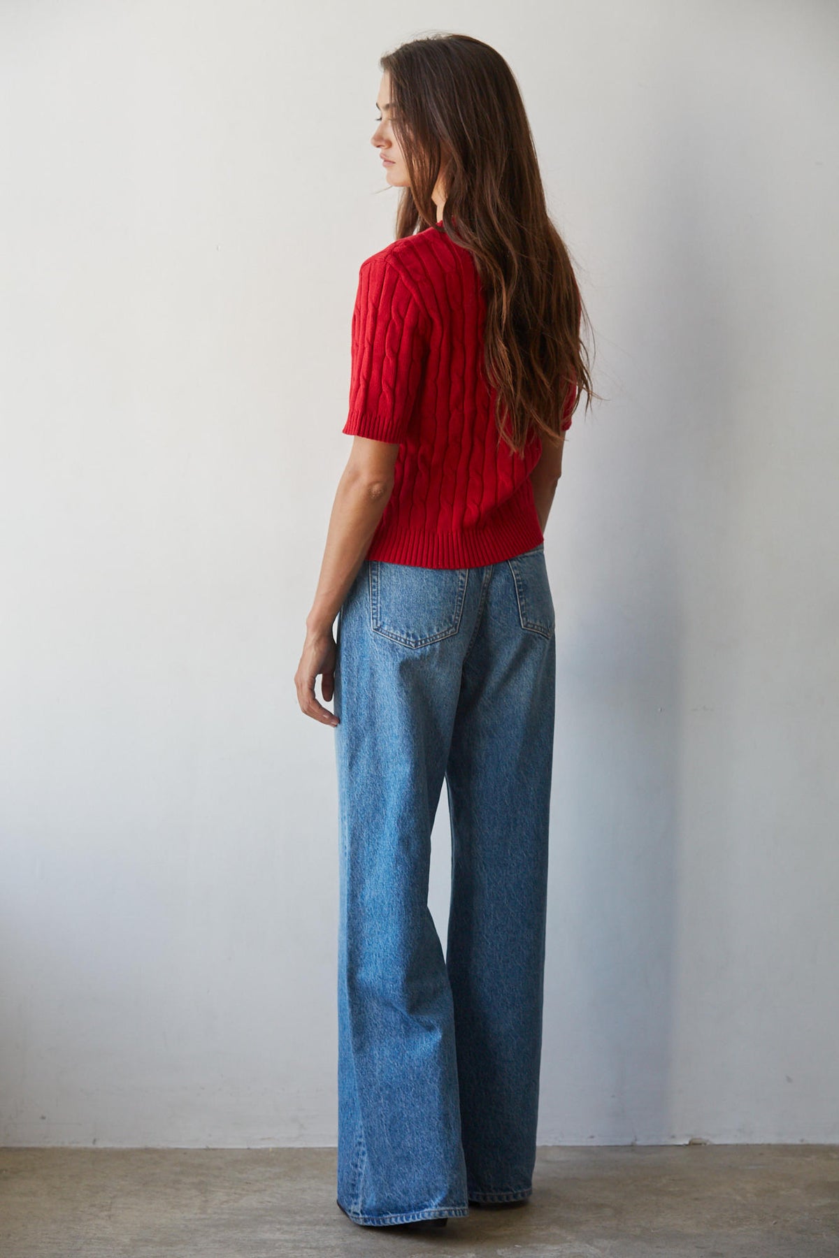 Red Cotton Cable Knit Short Sleeve Cardigan