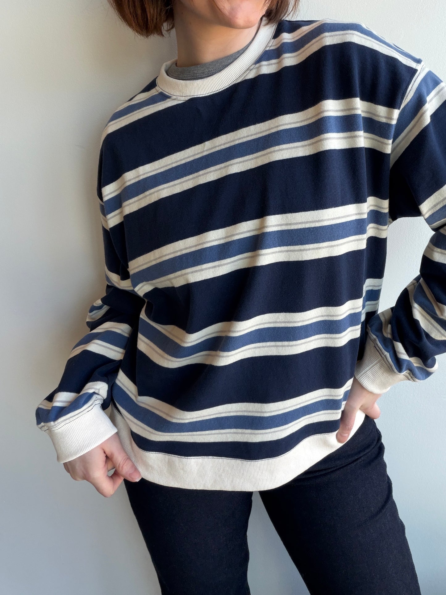 Navy Blue Cotton Striped Long Sleeve Pullover Top