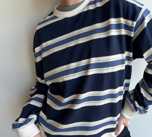 Navy Blue Cotton Striped Long Sleeve Pullover Top