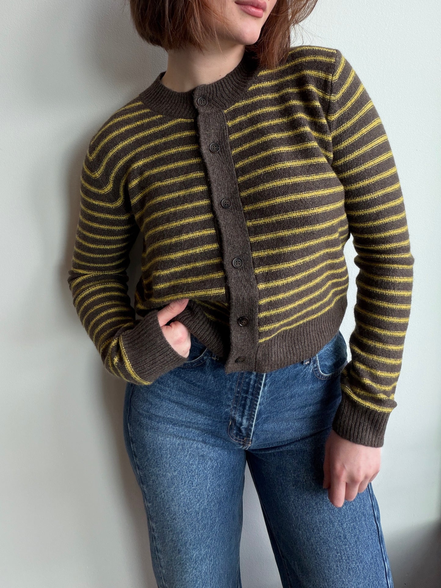 Chestnut Brown Striped Crewneck Cardigan