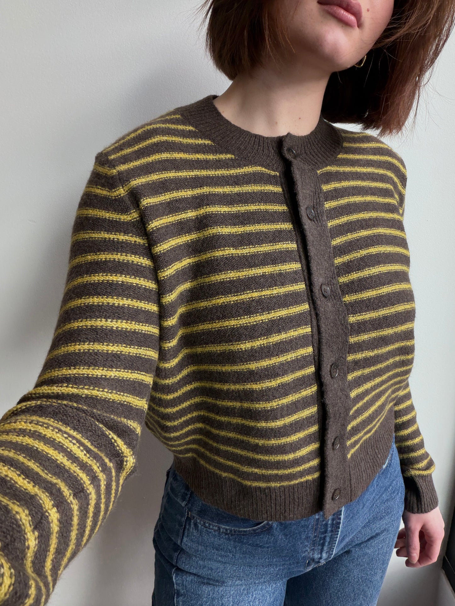 Chestnut Brown Striped Crewneck Cardigan