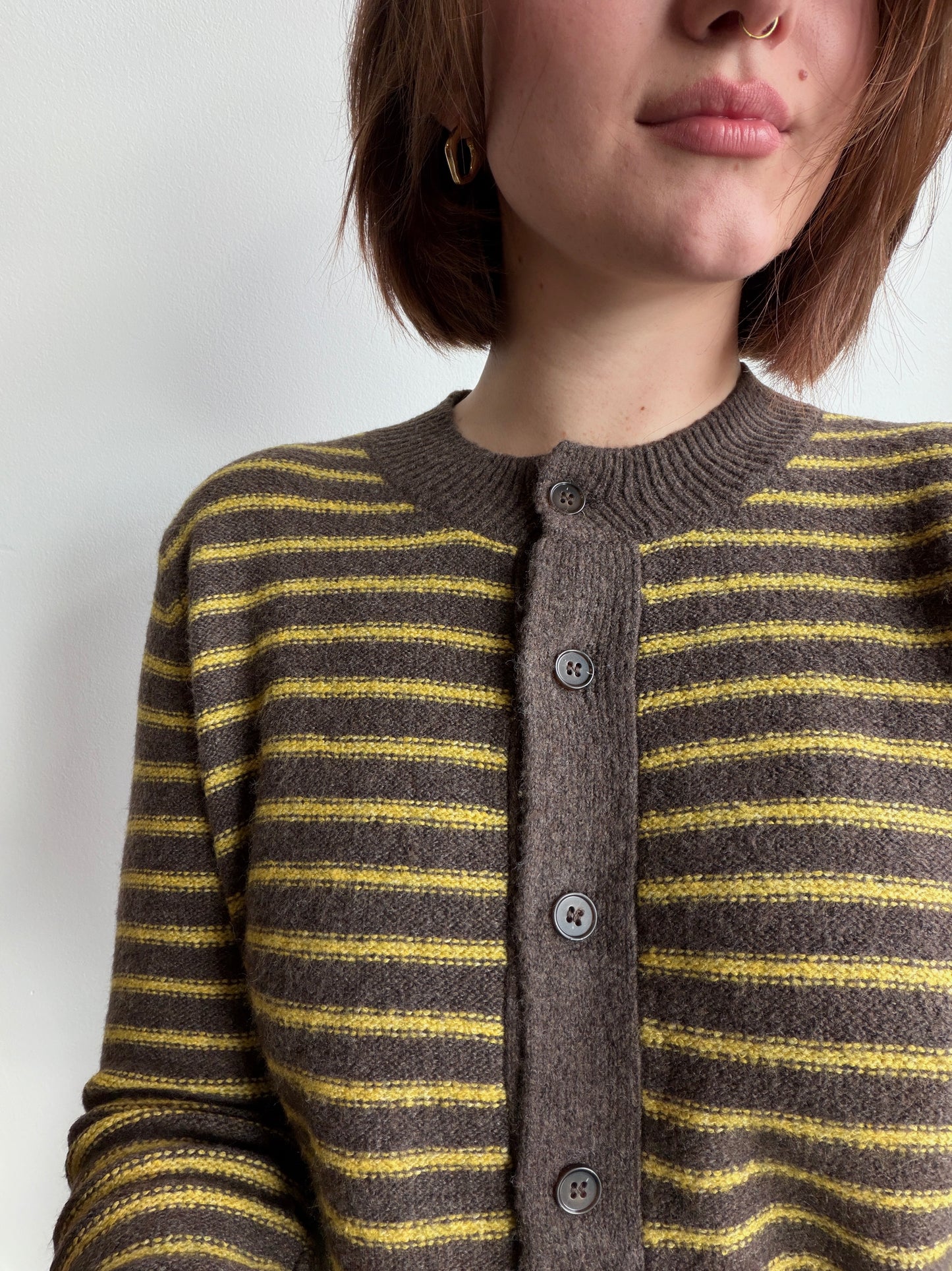 Chestnut Brown Striped Crewneck Cardigan
