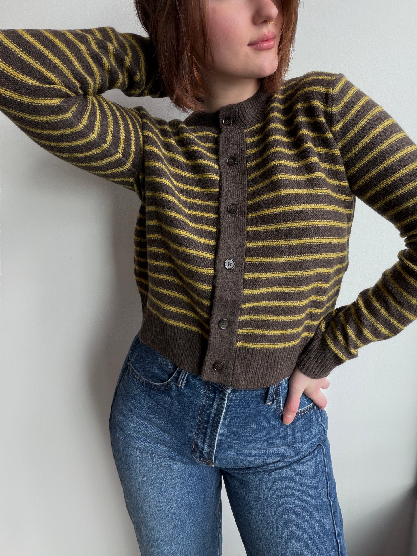 Chestnut Brown Striped Crewneck Cardigan