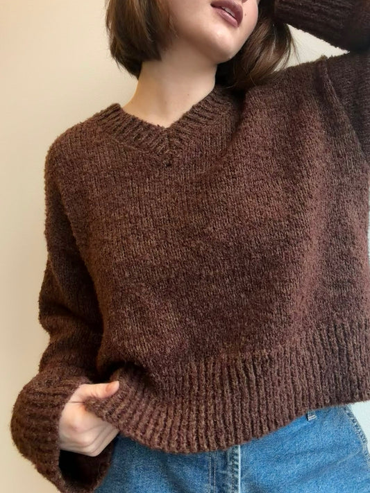 Brown Boucle Knit V-Neck Sweater