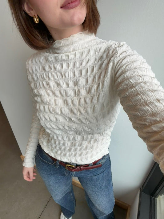 Shirred Mock Neck Long Sleeve Top