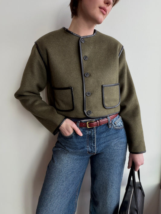 Olive Leather Trim Cropped Jacket + Matching Scarf