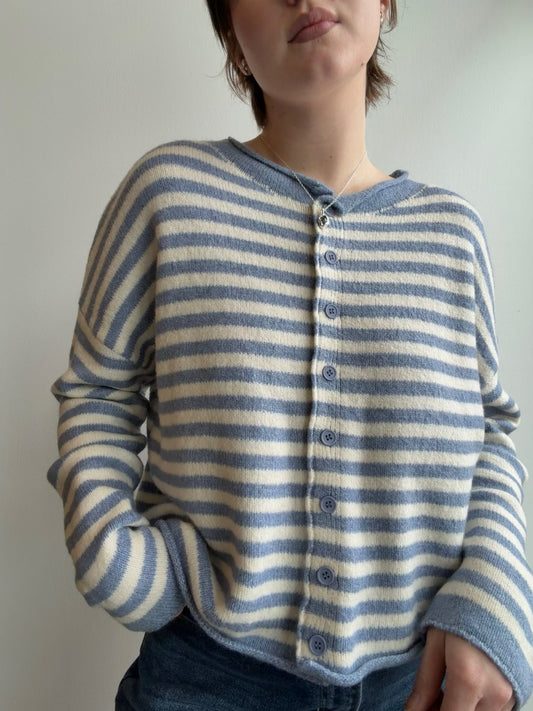 Striped Rolled Hem Drop Shoulder Knit Cardigan