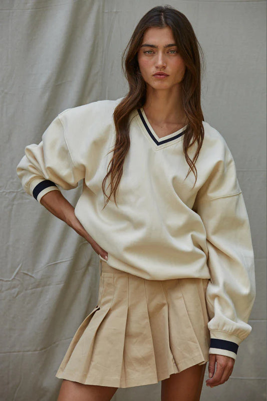 French Terry V-Neck Varsity Ribbed Trim Pullover