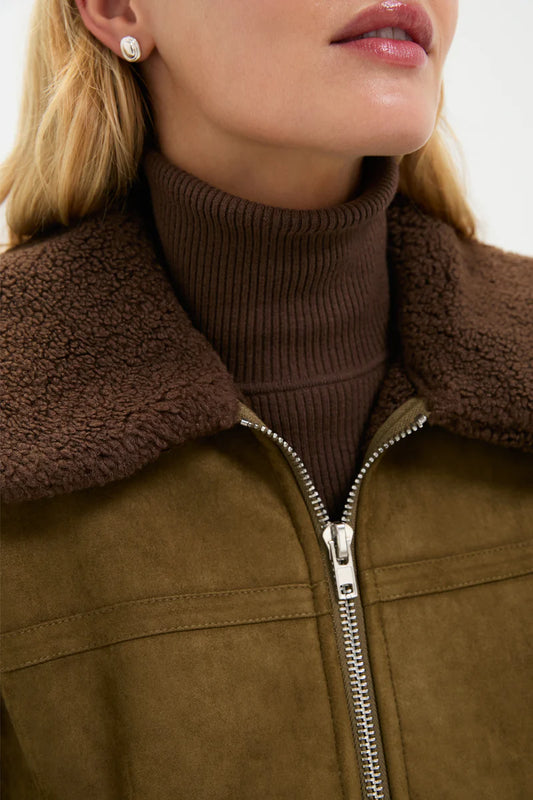 Olive Suede Teddy Collar Bomber Jacket