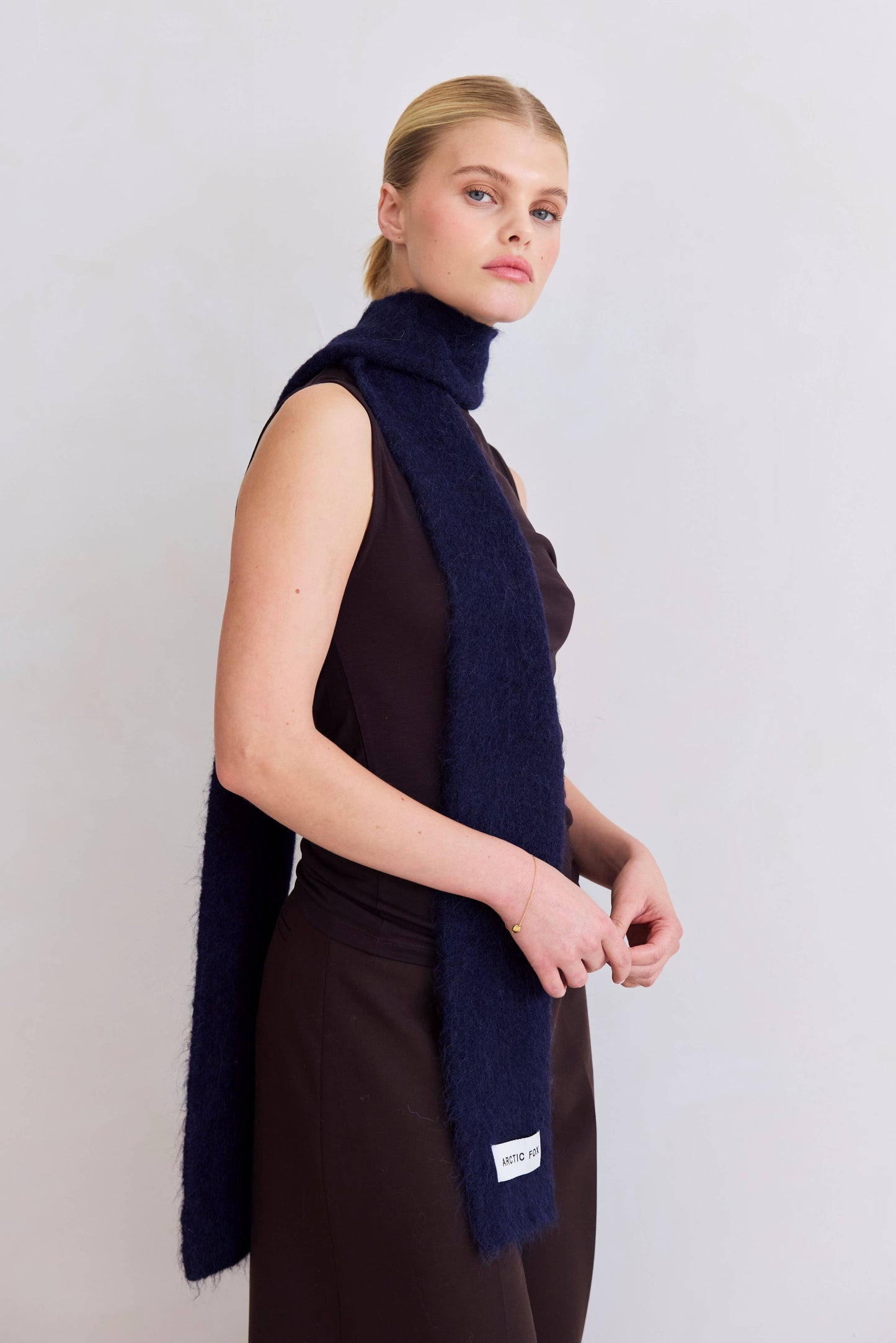 Dark Navy Alpaca Wool Skinny Scarf