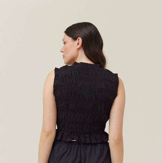 Black Smocked Ruffle Crop Top