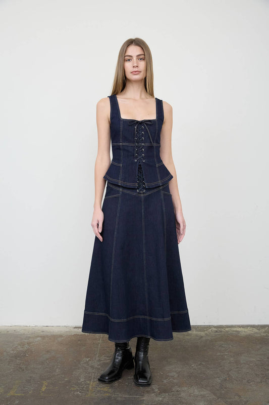 Denim Lace-Up Corset Peplum Top