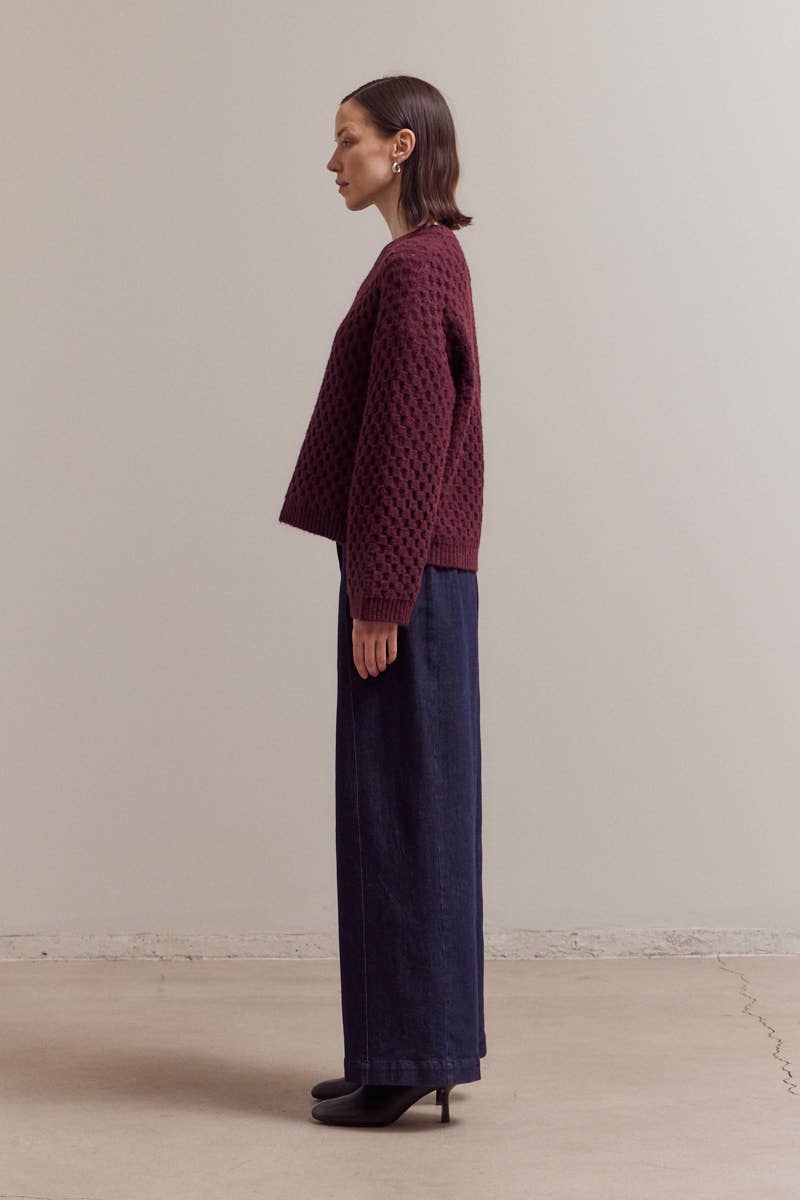 Plum Check Textured Knit Crewneck Sweater