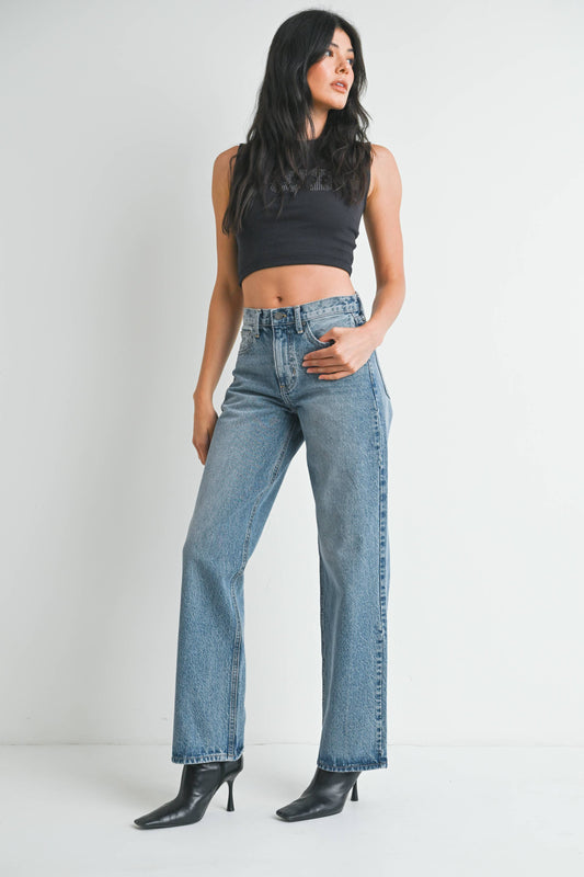 Mid Rise Medium Wash Relaxed Straight Jean - 100% Cotton