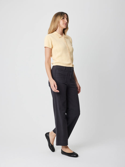 Pointelle Collared Button Top