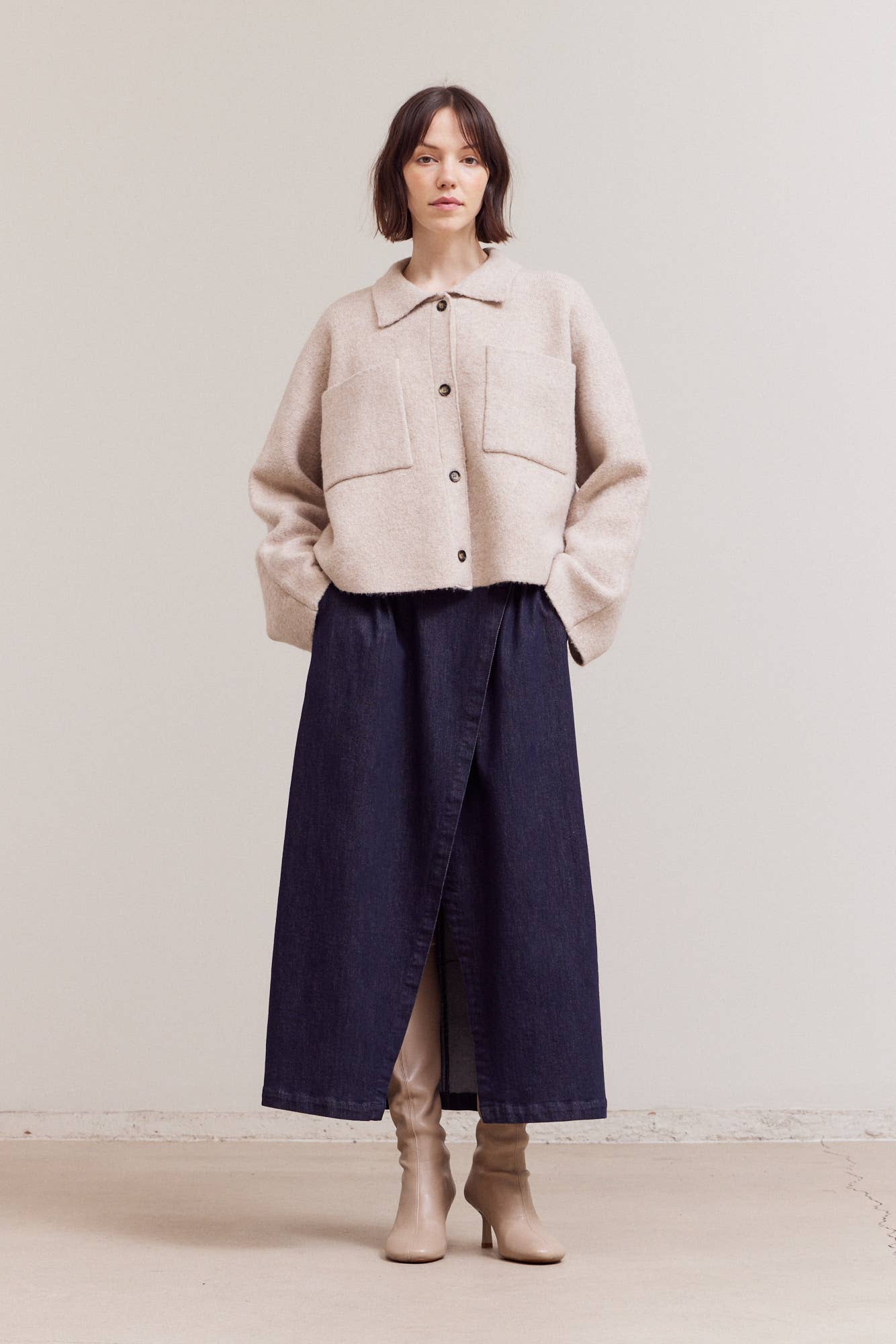 Oatmeal Short Knit Sweater Jacket