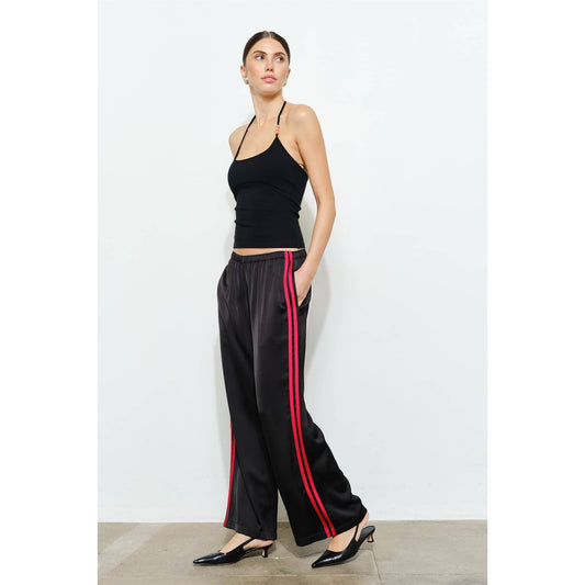 Black Satin Red Side Stripe Track Pants