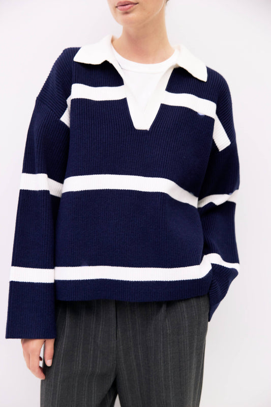 Navy Striped Collared Sweater