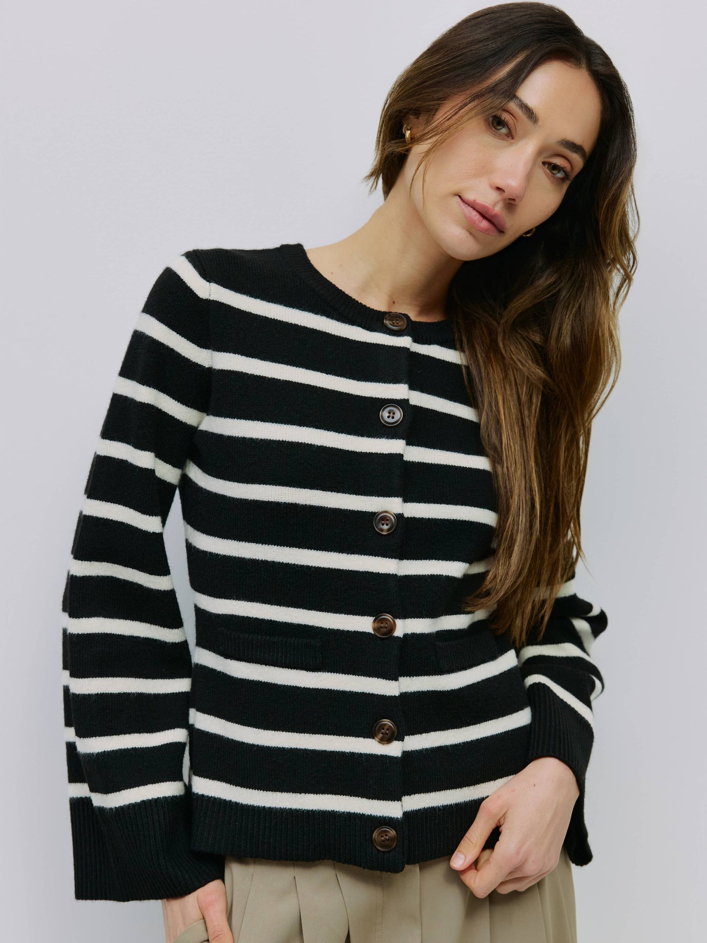 Black Striped Bell Sleeve Buttoned Cardigan