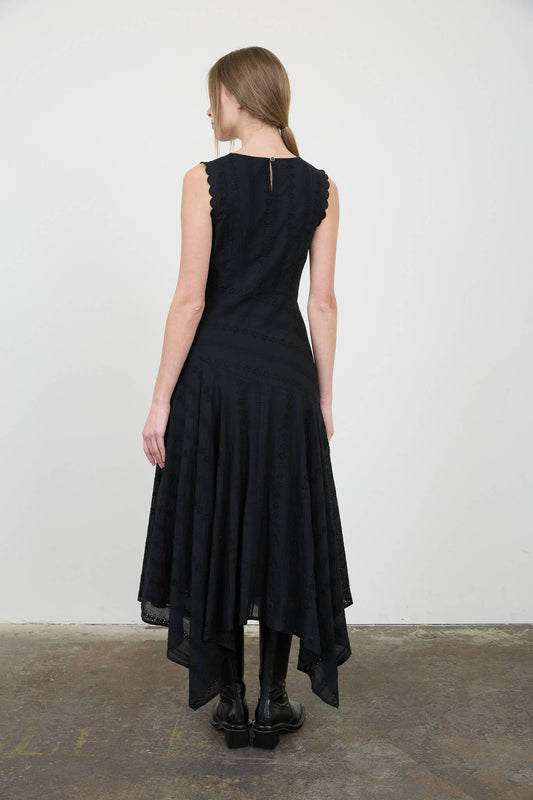 Black Stripe Eyelet Handkerchief Hem Midi Dress