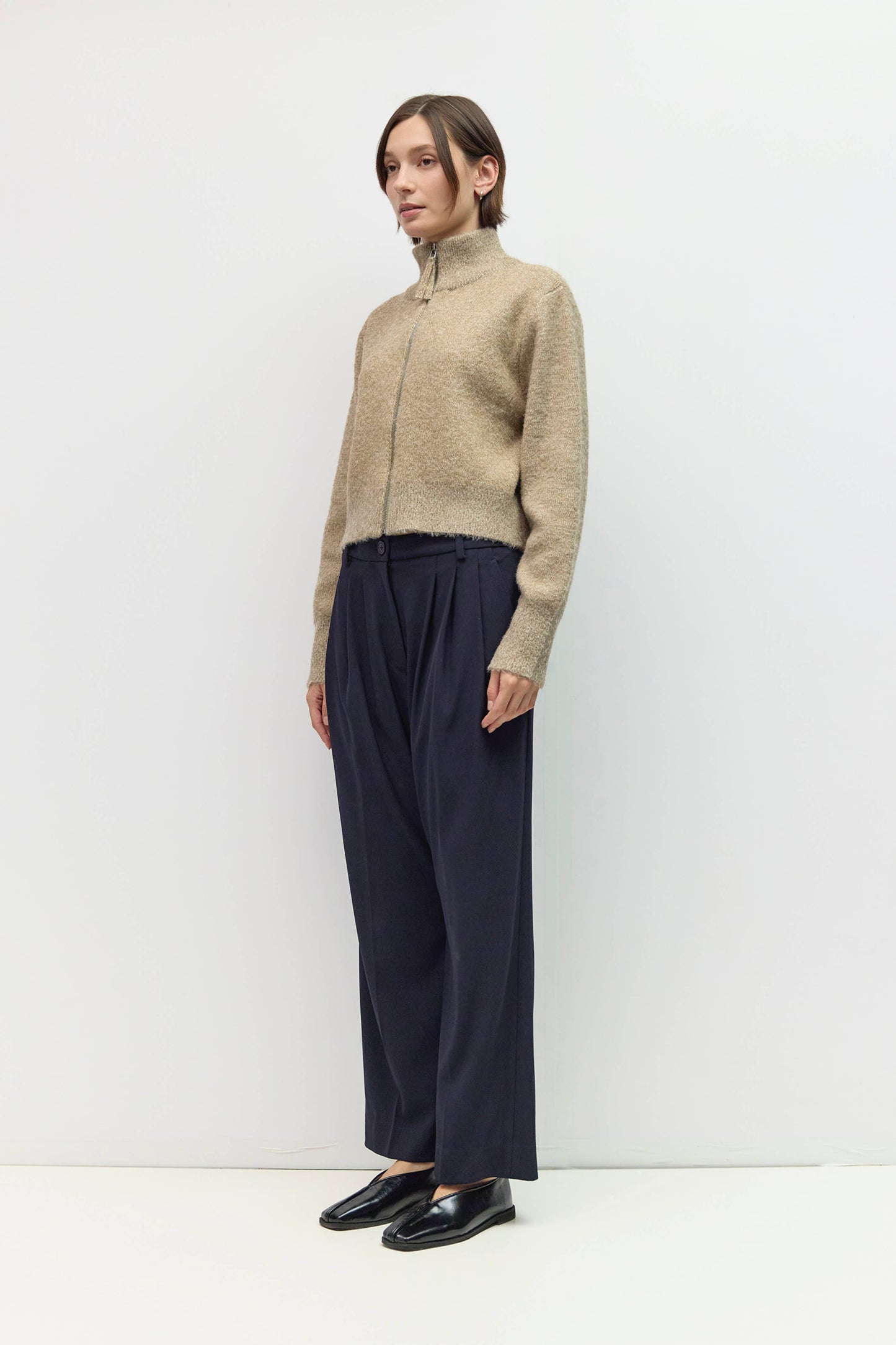 Boucle Turtleneck Khaki Zip Up Jacket