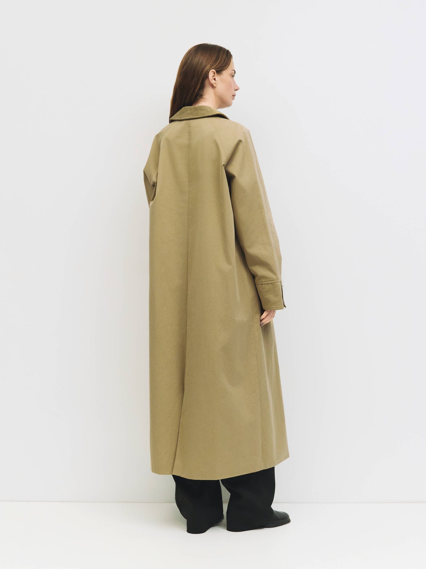 Khaki Corduroy Collared Long Trench Coat