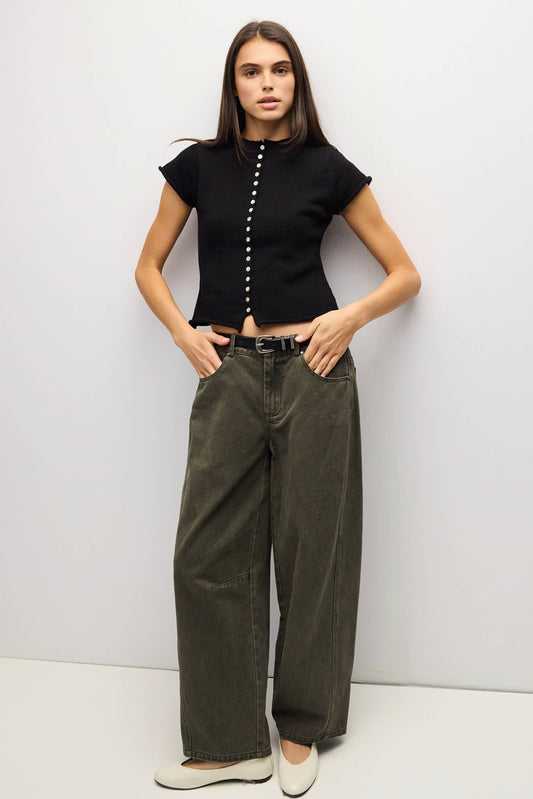 Rolled Edge Cotton Knit Button Top