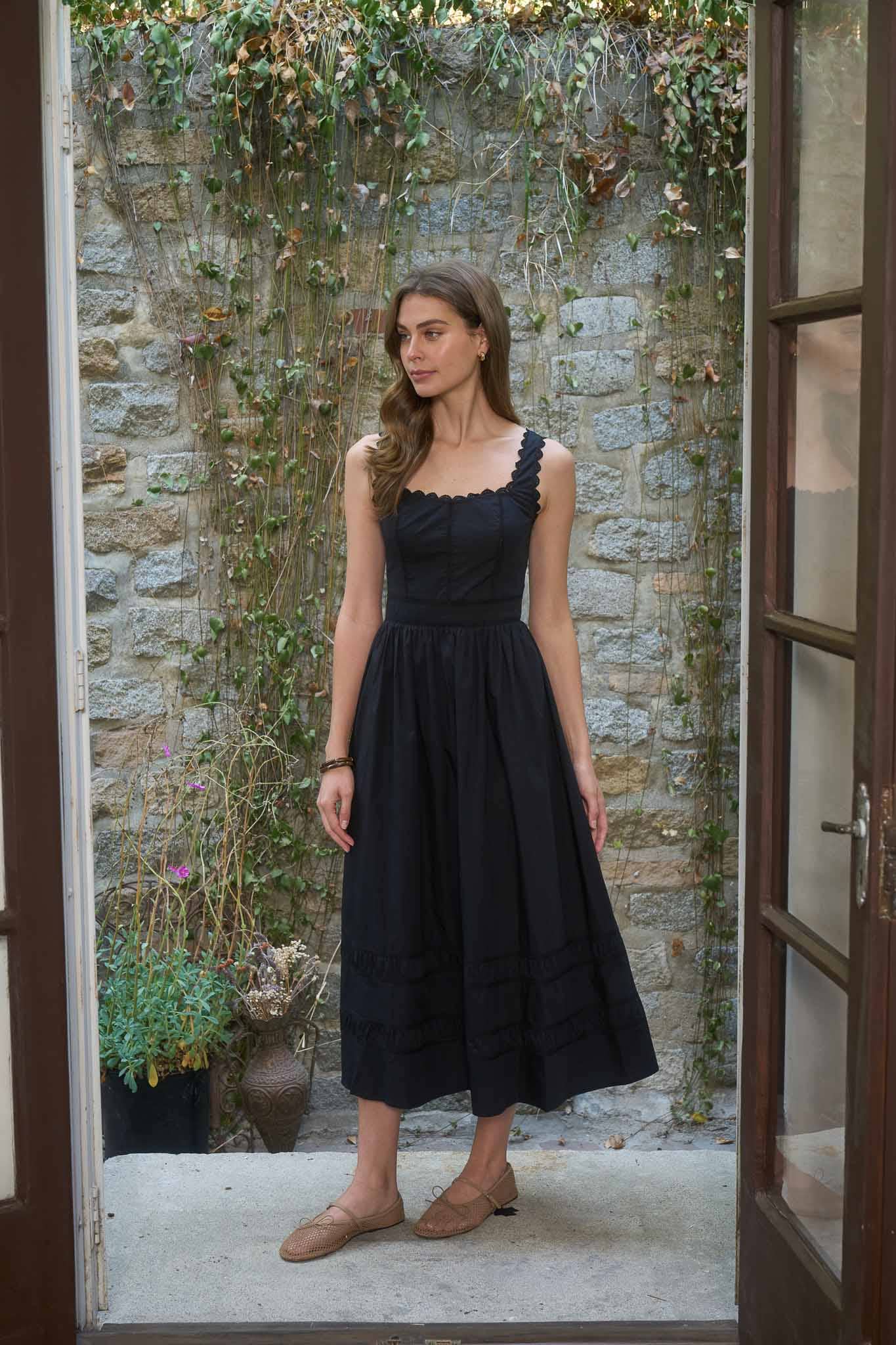 Black Lace Trim Detail Midi Dress