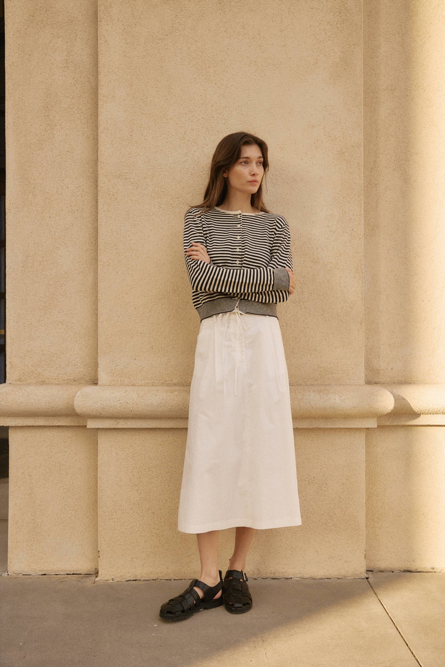 Striped Button Down Round Neck Cardigan