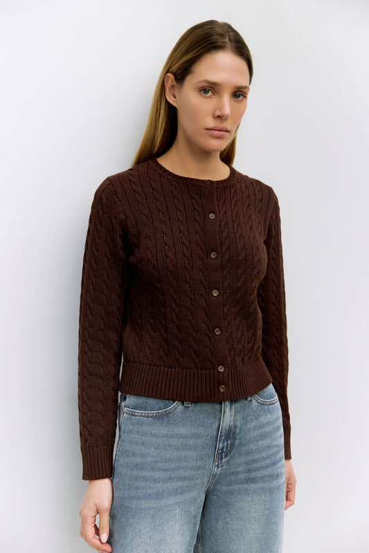 Cotton Cable Knit Crewneck Cardigan