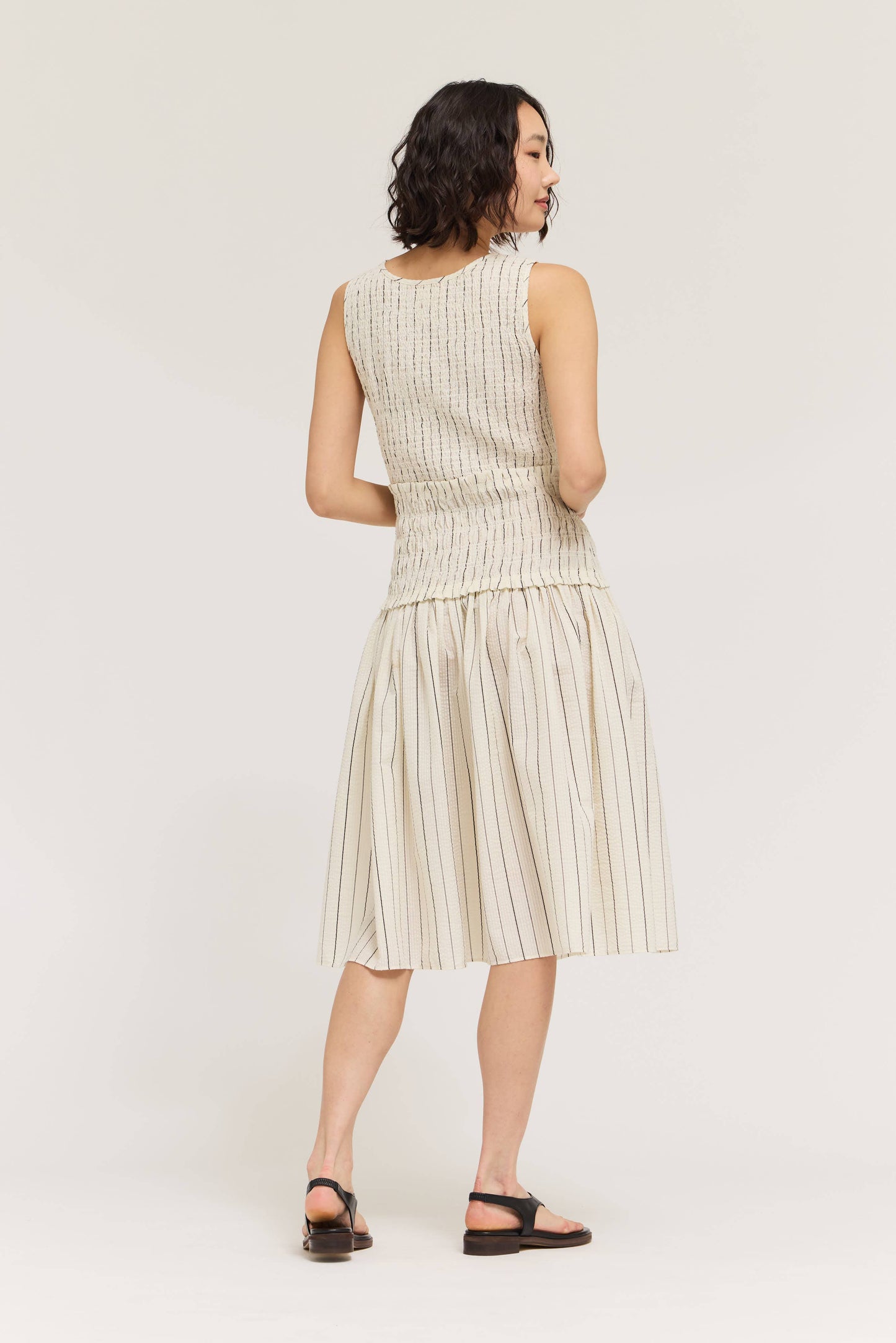 Cream Smocked Bodice Stripe Dress