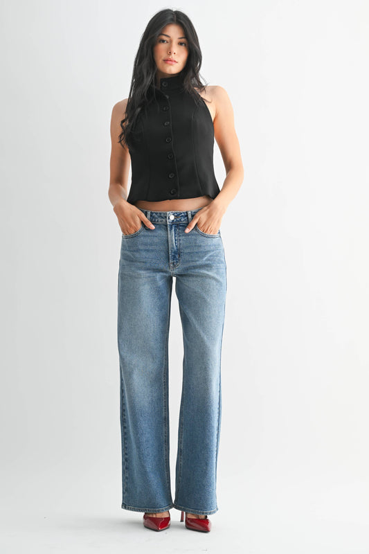 Medium Wash High Rise Straight Stretch Jean