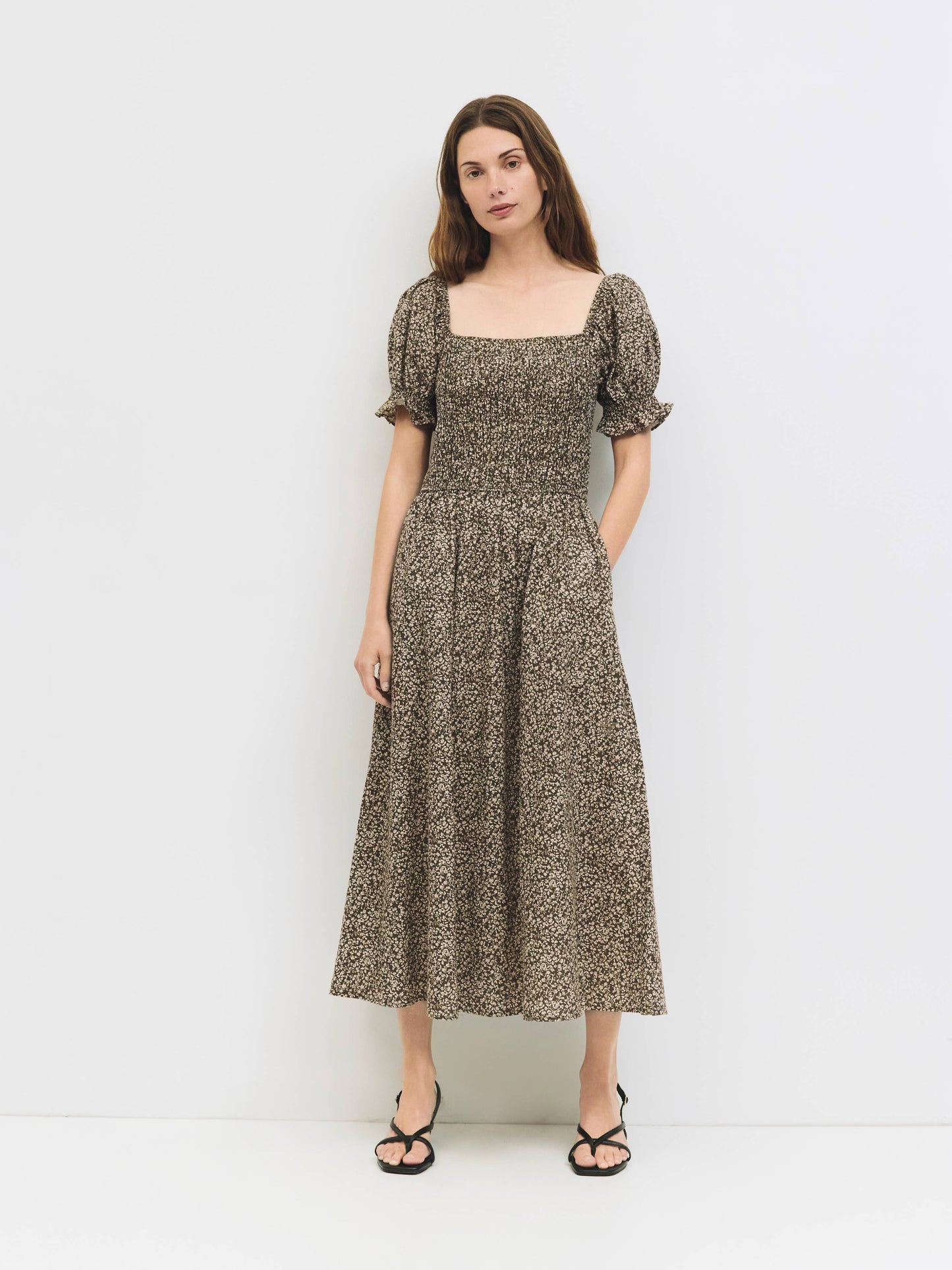 Brown Floral Cotton Smocked Midi Dress