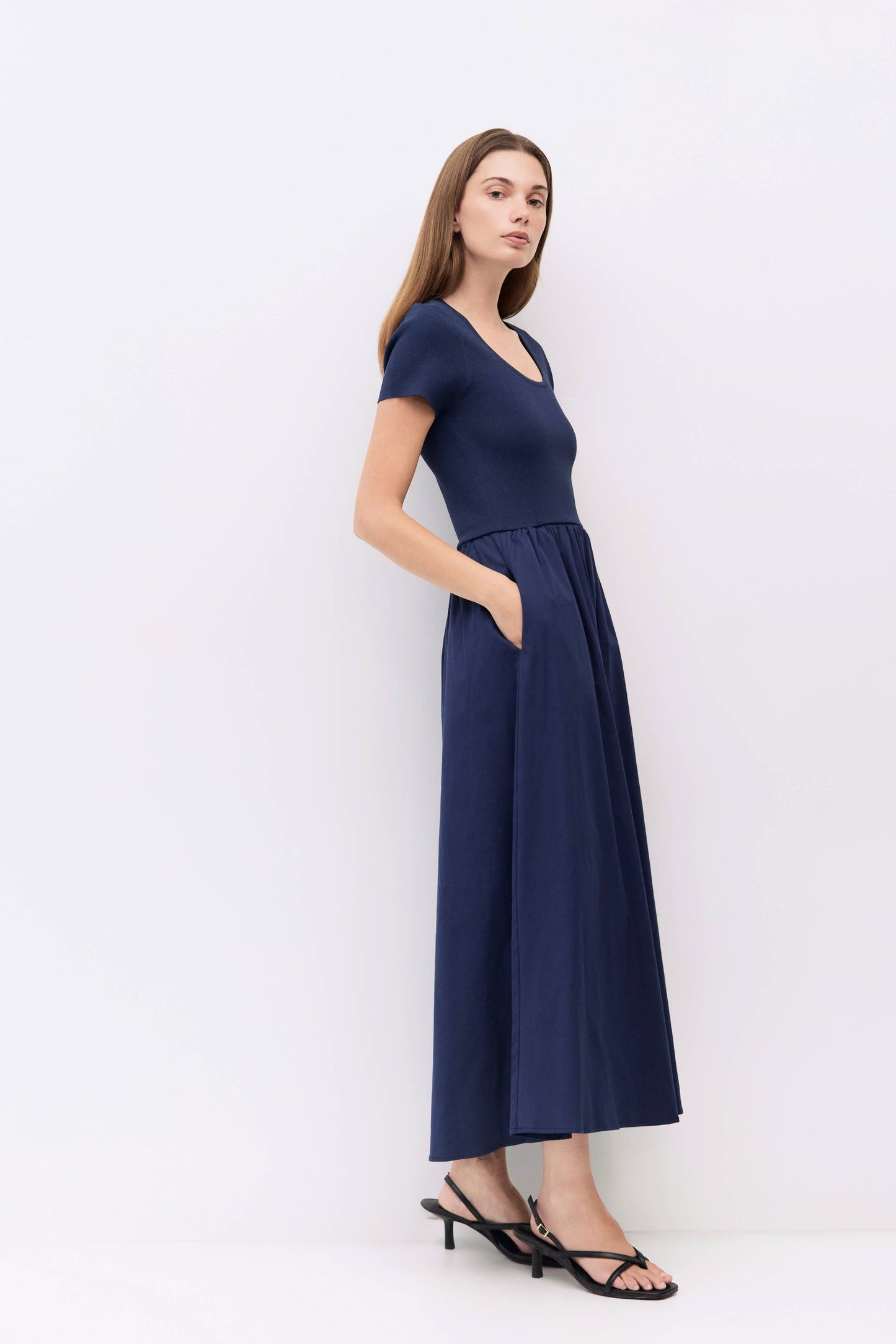 Navy Knit Short Sleeve Mixed Media Midi Dress