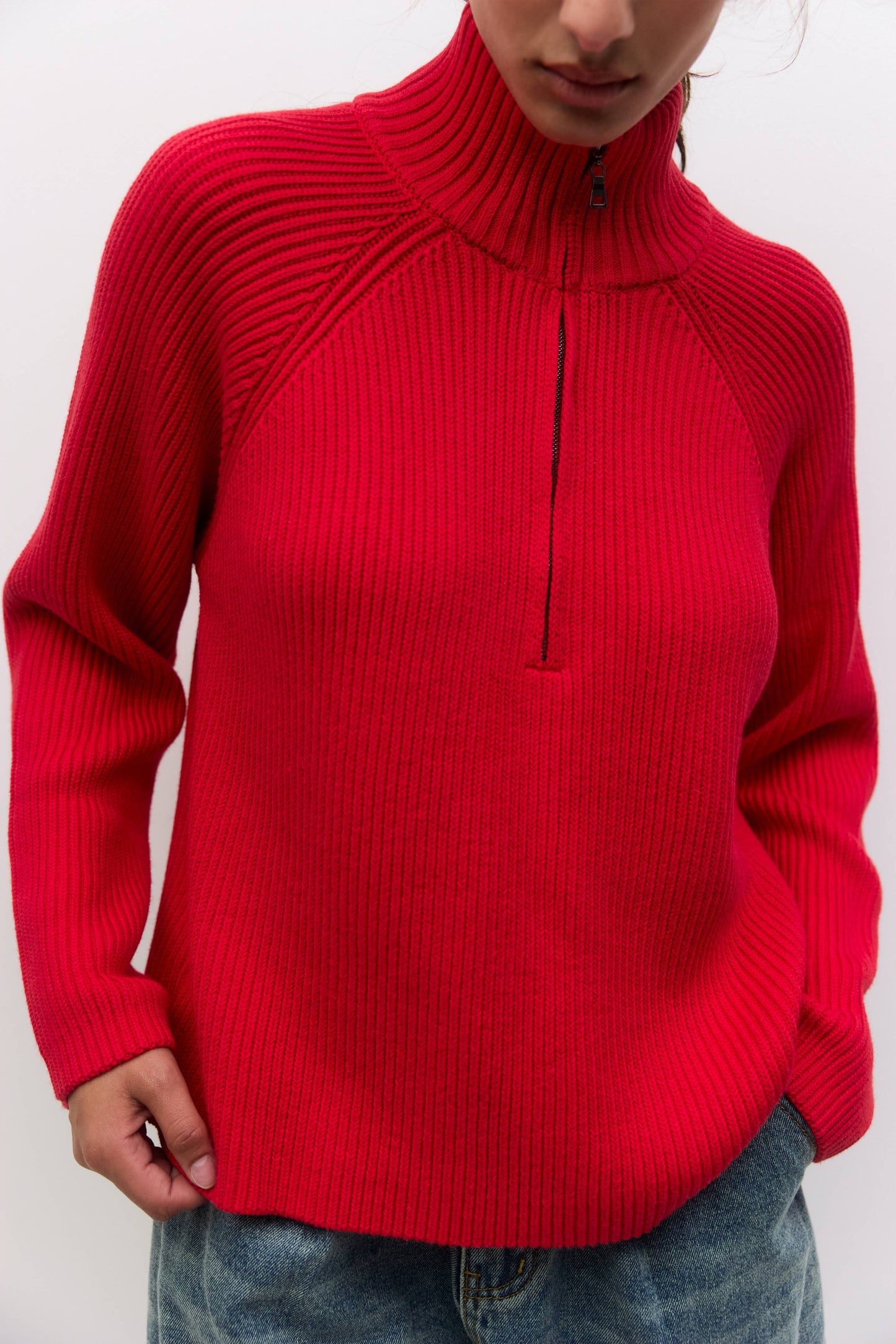 Red Half-Zip Ribbed Sweater