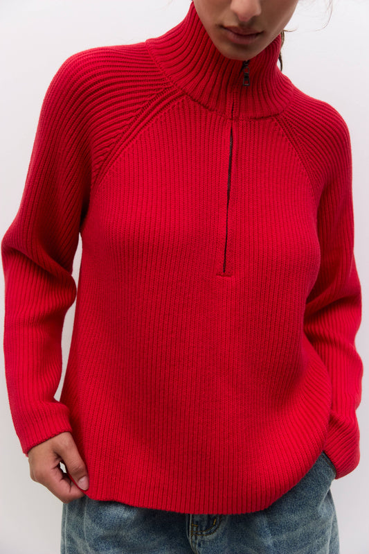 Red Half-Zip Ribbed Sweater