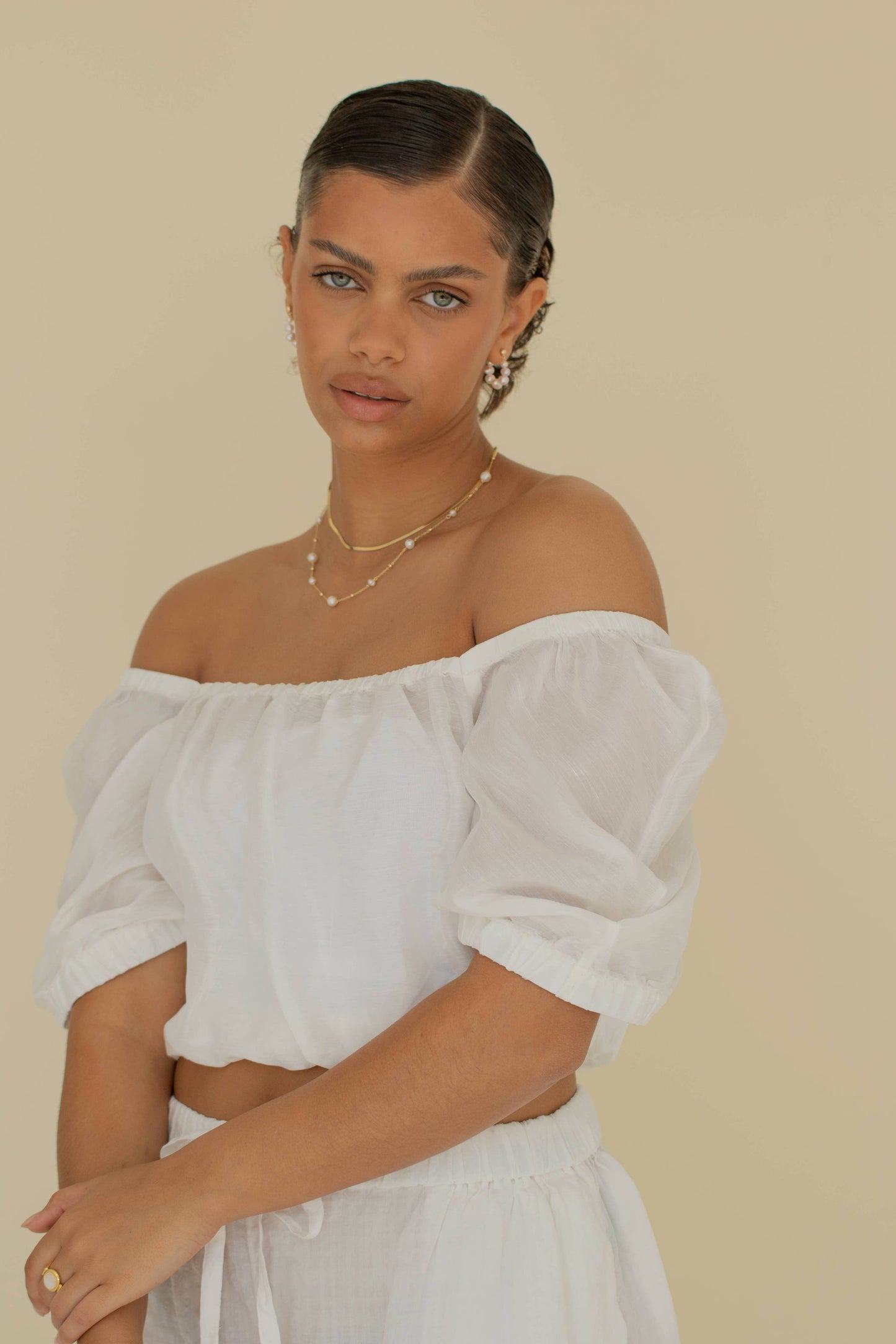 Gold Pearls Links Hooped Earrings